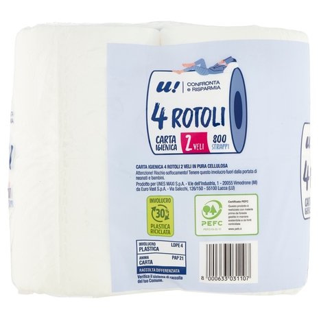 4 Rotoli Carta Igienica 2 Veli U! Confronta e Risparmia